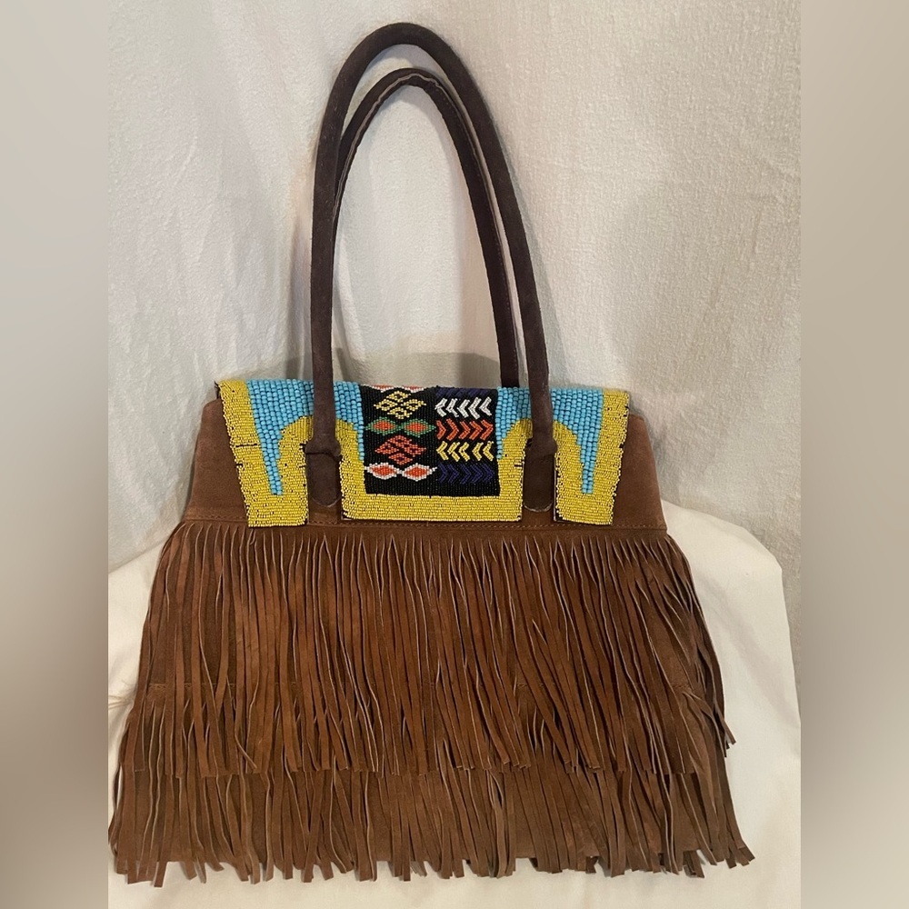 Jean Louis Scherrer Brown Suede Fringe Shoulder Bag with Colorful Beaded Accent